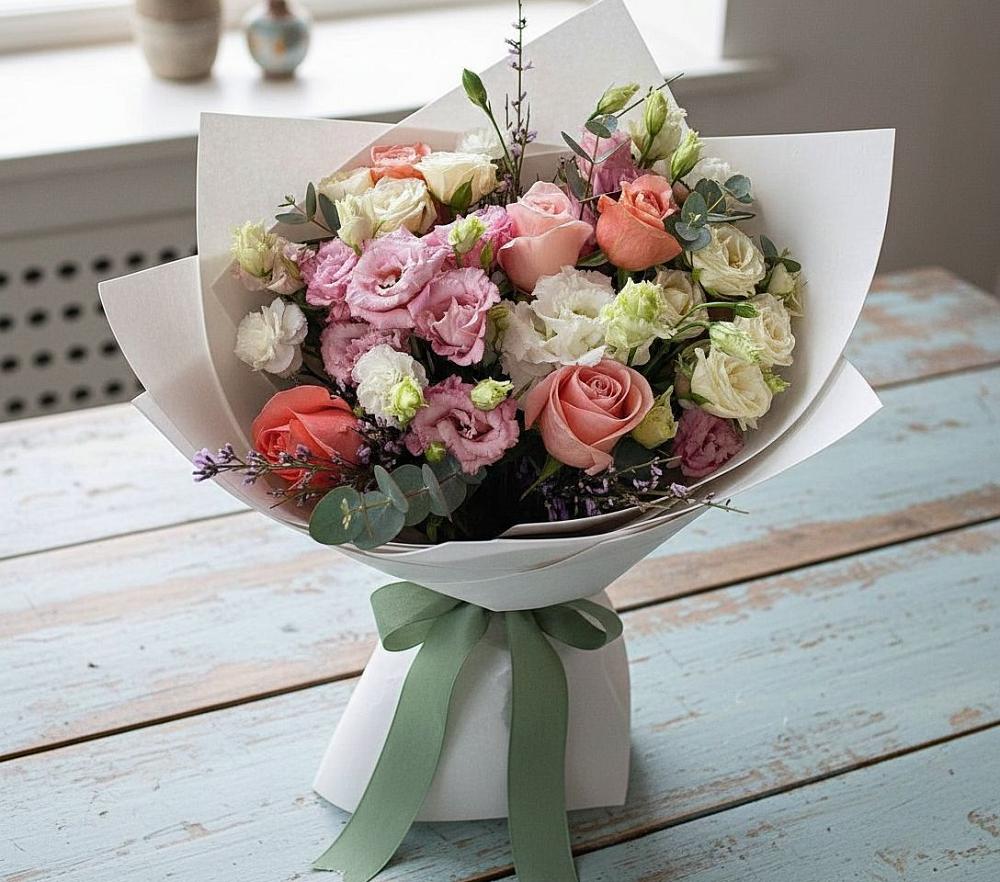 Букет цветов из: Розы, Лизиантусы и Гвоздики в Лальске