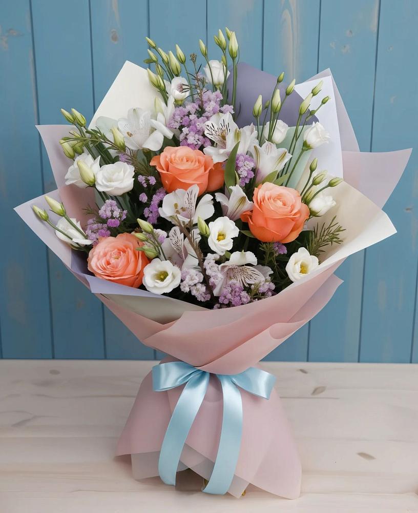 Букет цветов из: Лизиантусы, Розы, Альстромерии и Гипсофила в Лальске