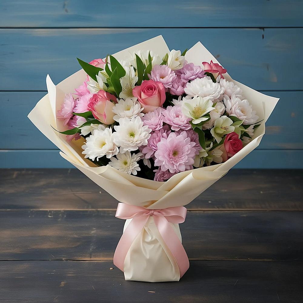 Букет цветов из: Хризантемы, Альстромерии и Розы в Лальске